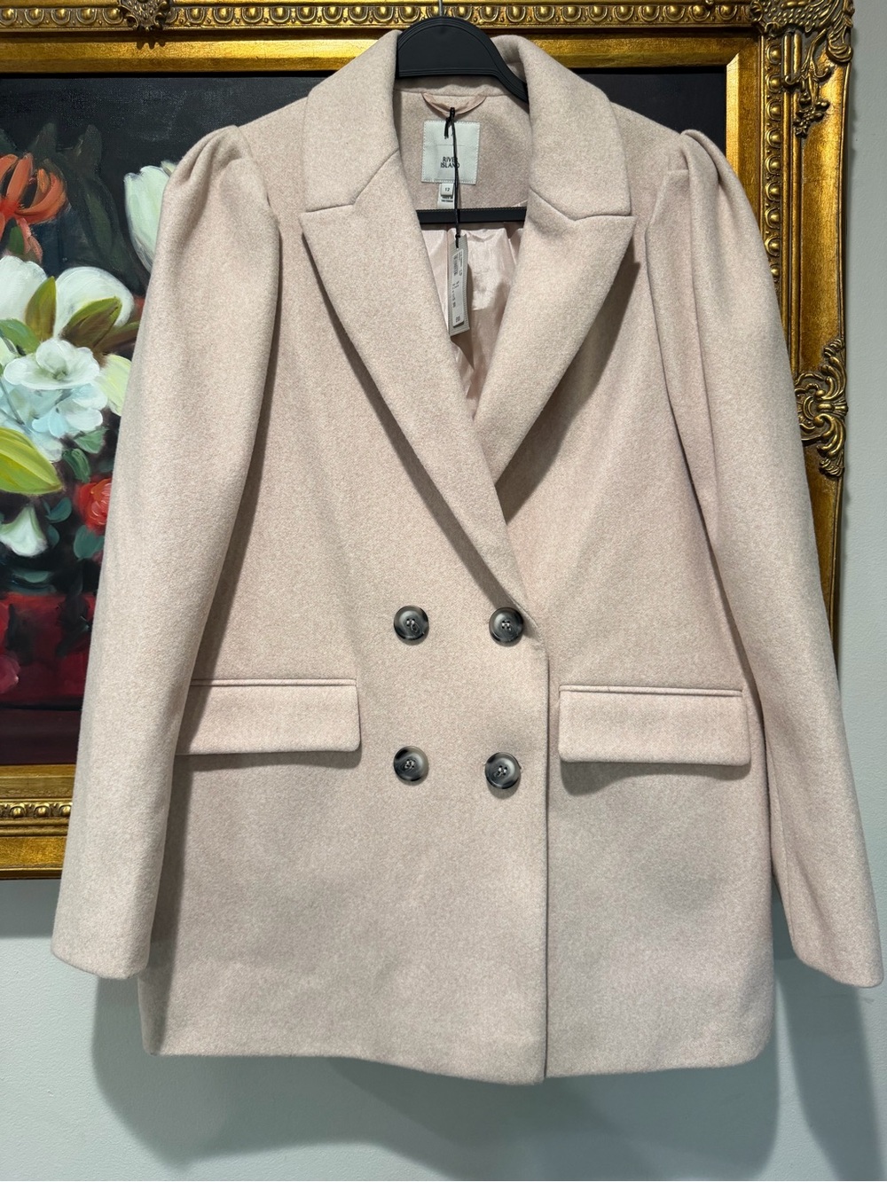 River Island Pale Pink Double-Breasted Wool Peacoat